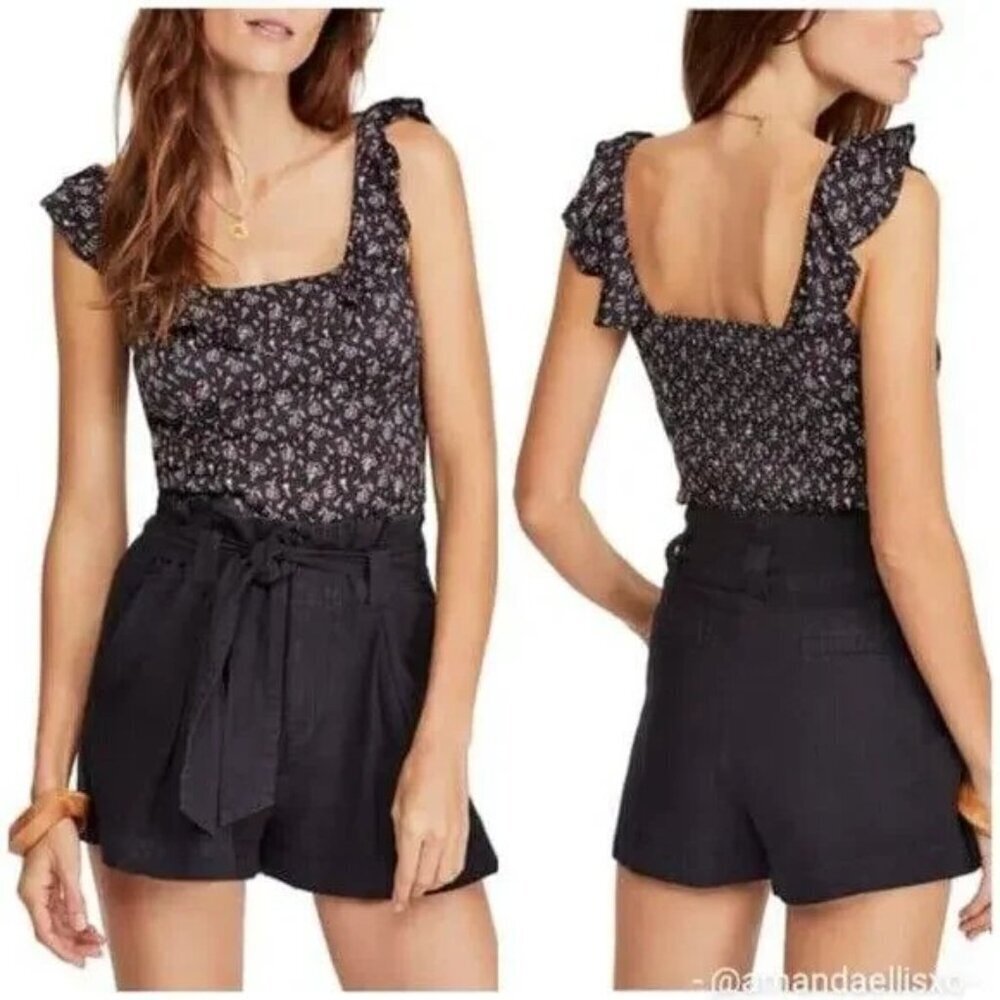 FREE PEOPLE Stay With You Black Ruffled Scoop Neck Crop Top - Size Small